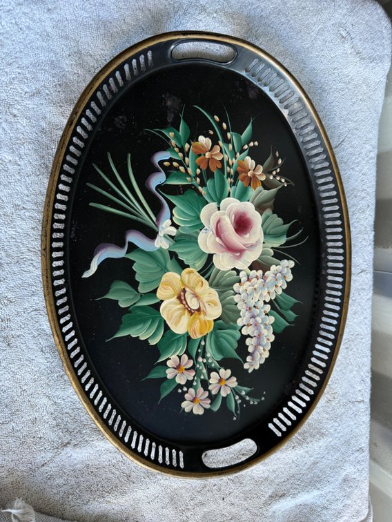 Painted Black Metal Oval Tray with Pierced Gallery Rim