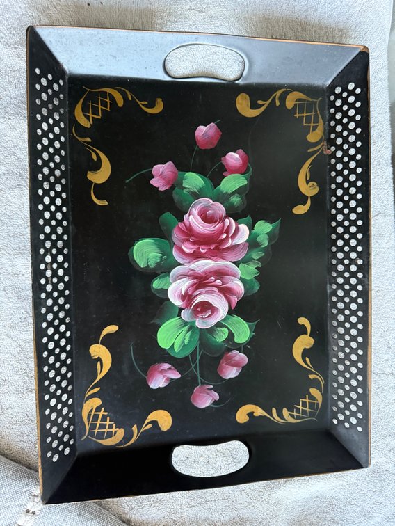 Black Metal Tole Tray with Hand-Painted Floral Motif