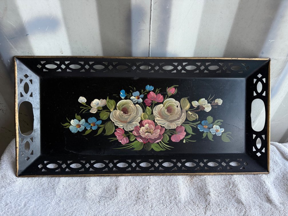Black Tole Tray with Pierced Gallery and Floral Motif