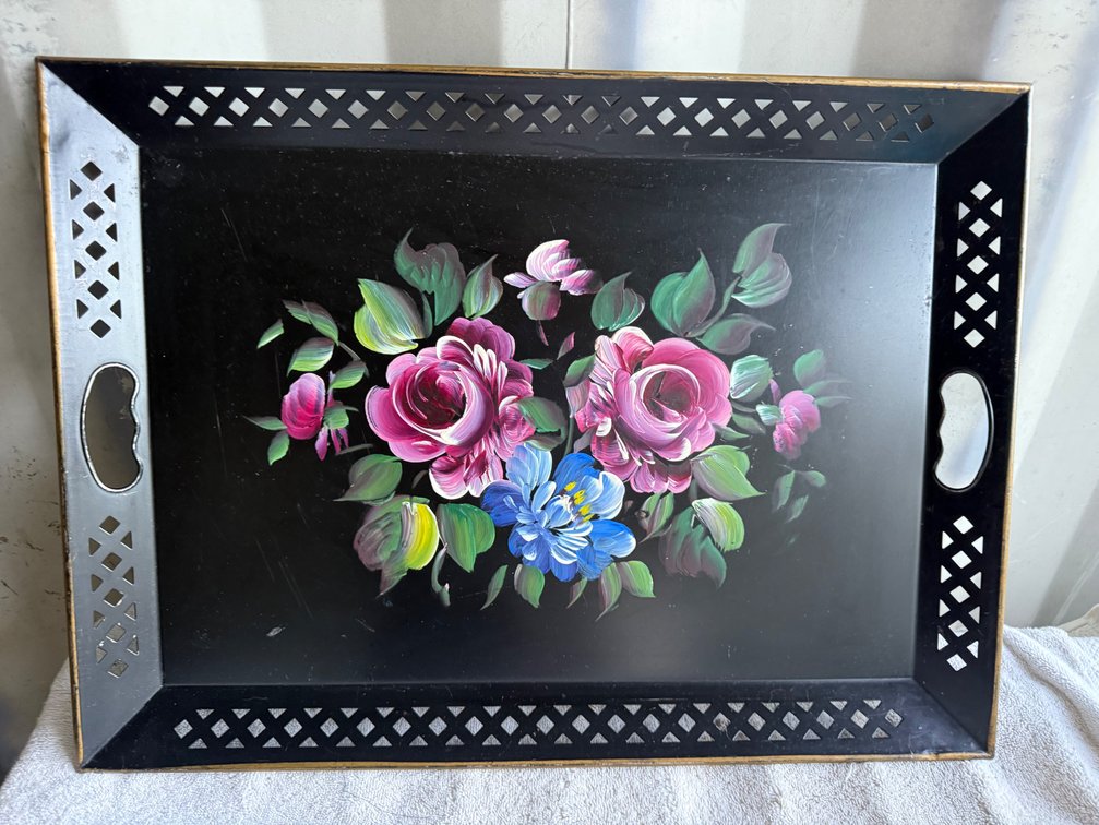 Hand-Painted Floral Black Metal Toleware Serving Tray