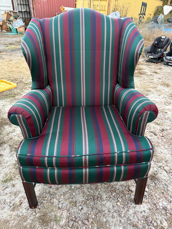 Striped Upholstered Wingback Armchair with Stretcher Base