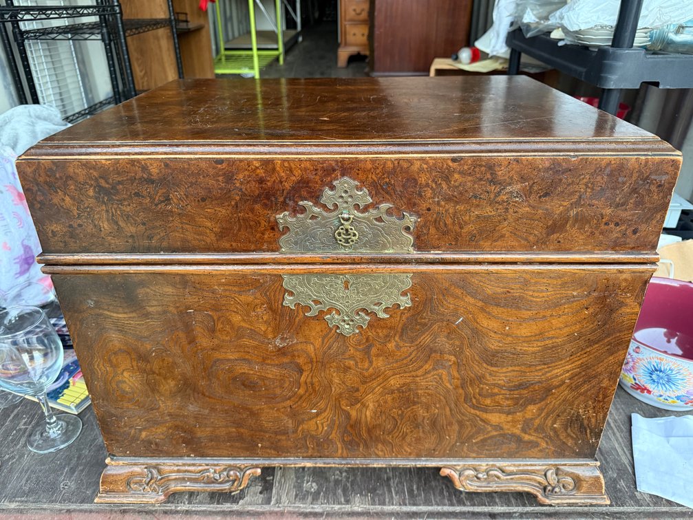Burl Wood Chest with Ornate Brass Hardware