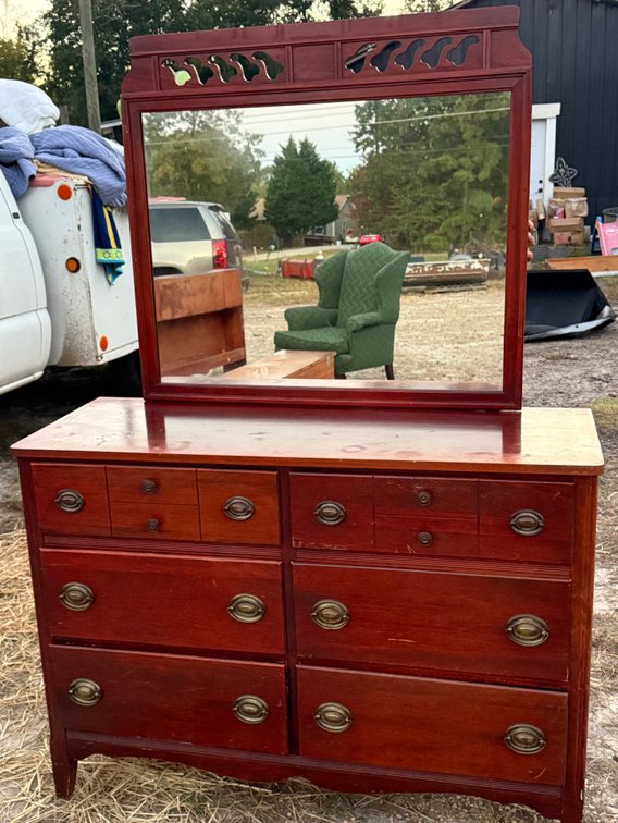 Wood Six-Drawer Dresser with Fretwork Mirror