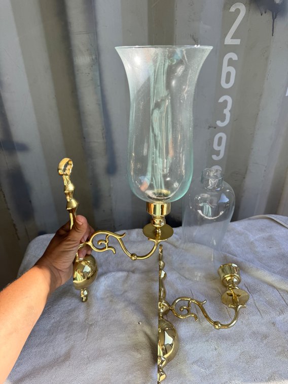 Polished Brass Wall Sconces with Glass Hurricane Shades