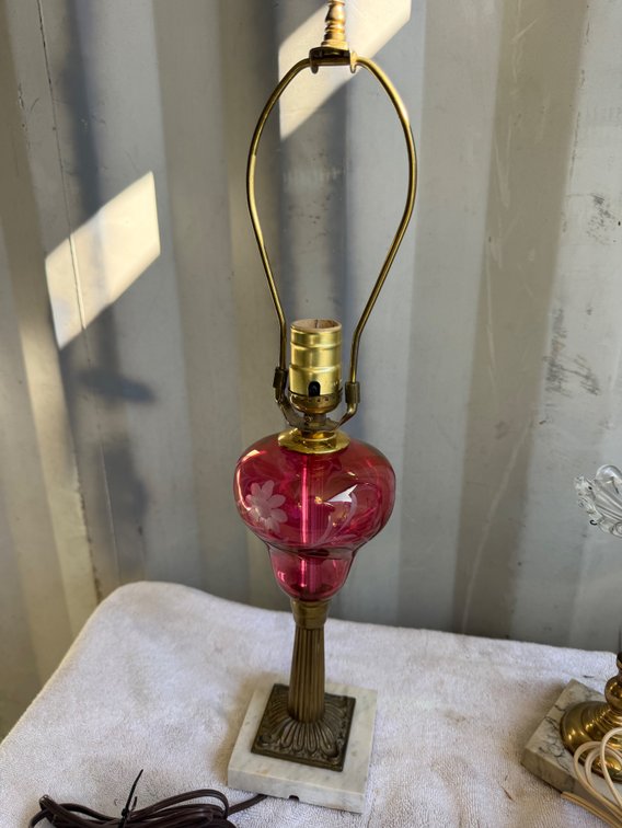Cranberry Glass and Brass Table Lamp with Marble Base