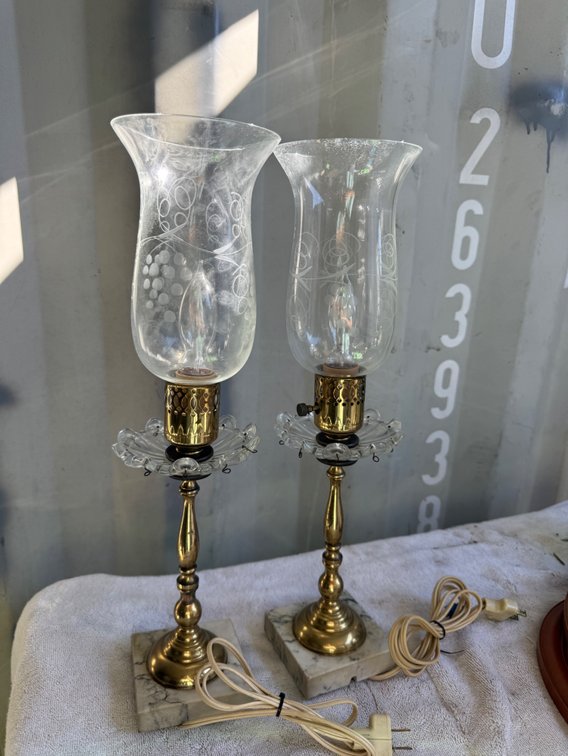 Pair of Brass and Marble Hurricane Lamps with Glass Prisms