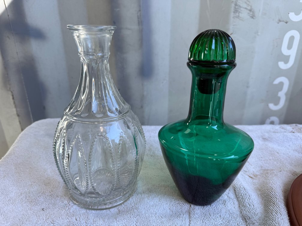 Emerald Green and Clear Pressed Glass Decanters
