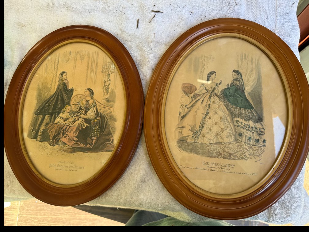 Framed French Fashion Prints in Oval Wood Frames