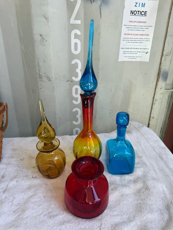 Colored Art Glass Bottles, Decanters, and Vase
