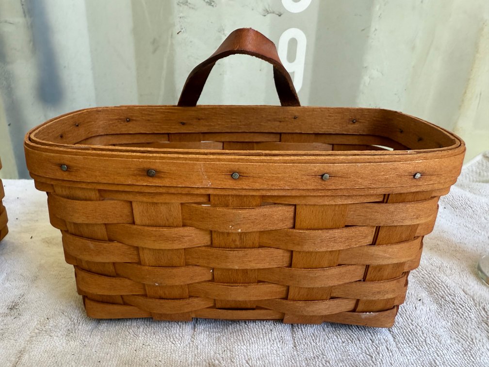 Longaberger Woven Wood Splint Basket with Leather Handle