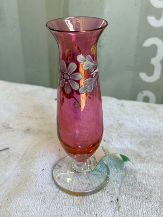 Cranberry Glass Footed Vase with Painted Floral Motif