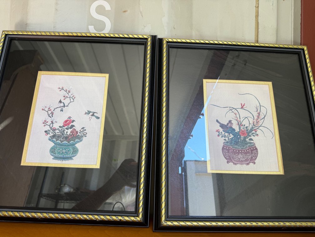 Pair of Framed Asian Bird and Floral Textile Artworks