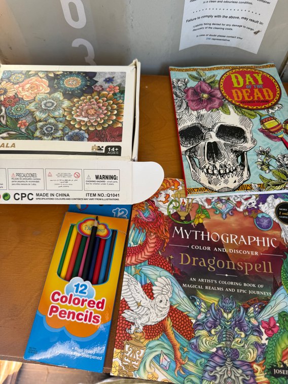 Puzzle, Coloring Books, and Colored Pencils