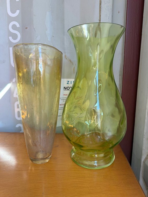 Two Amber Iridescent and Green Glass Vases