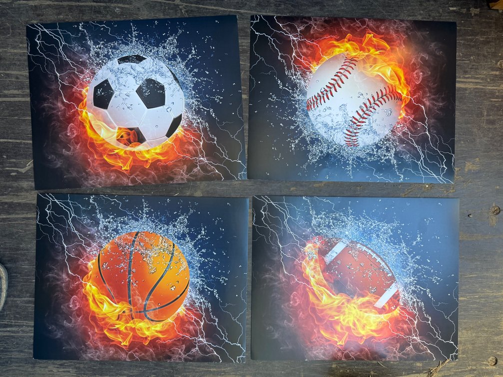 Set of 4 Fire and Water Sports Ball Art Prints