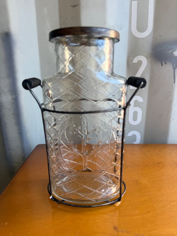 Embossed Glass Jar in Wire Caddy with Perforated Wood Lid