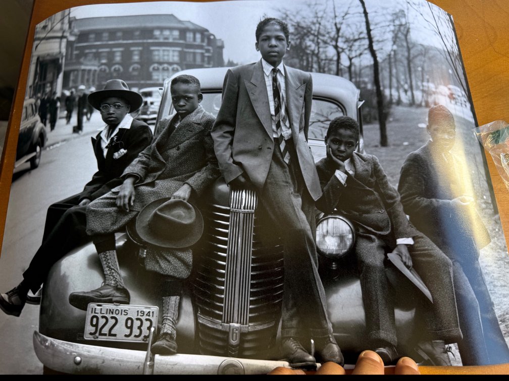 Black and White Photographic Print of Boys on 1941 Automobile