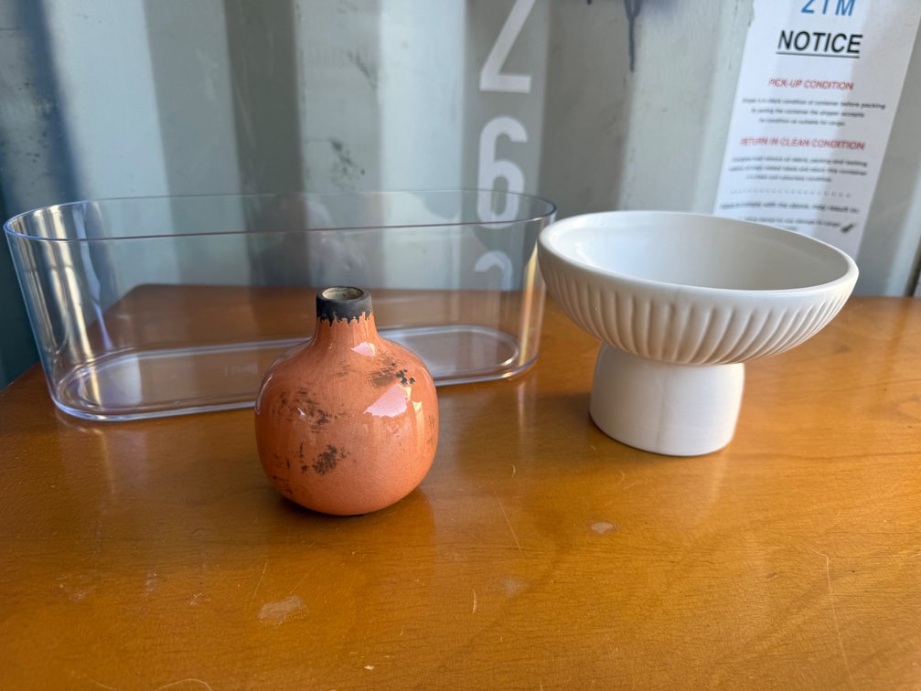 Ceramic Footed Bowl, Bud Vase, and Clear Storage Bin