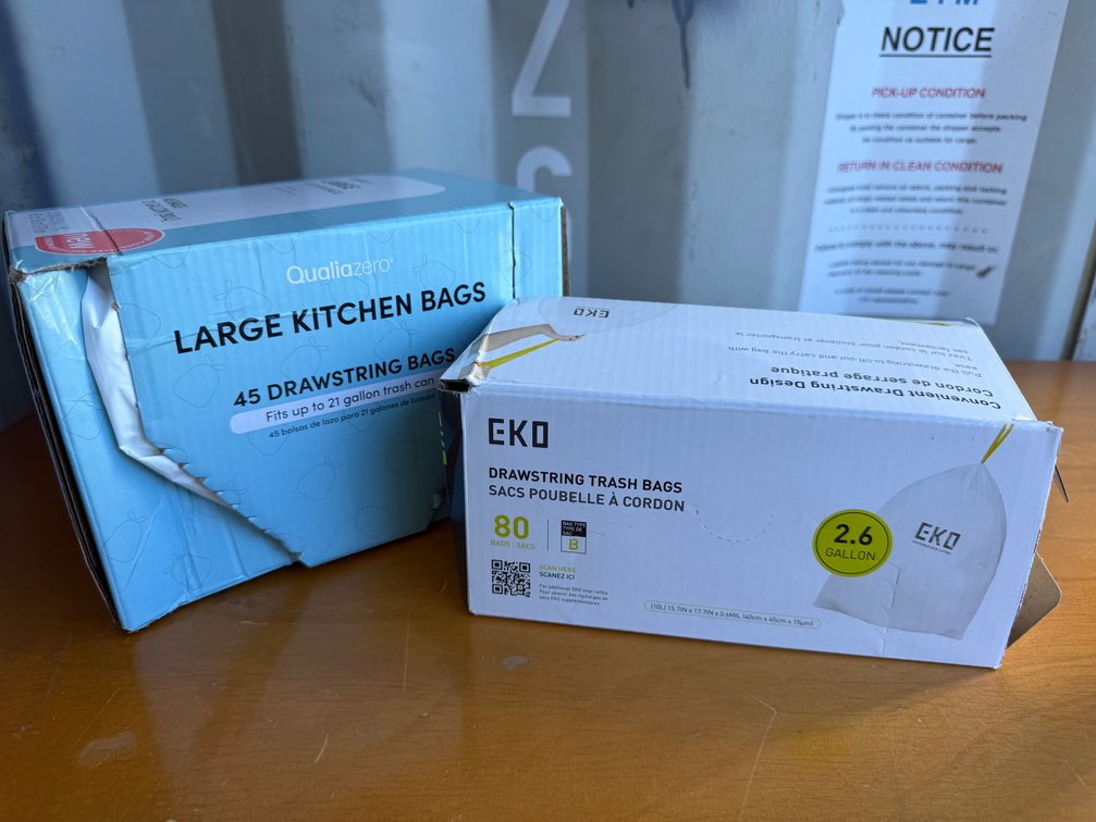 Drawstring Trash Bags, 21 Gallon and 2.6 Gallon