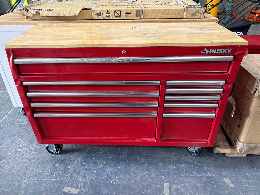 Husky 52in 10 Drawer Mobile Work Bench, w/ 52in Modular Pegboard and Shelf