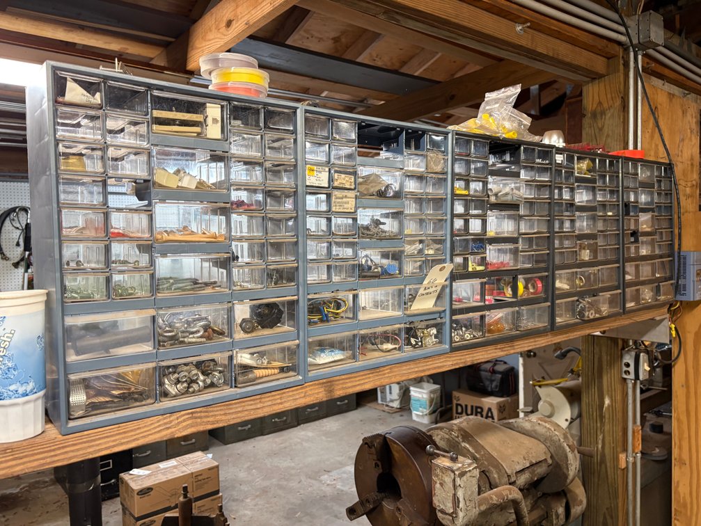 Parts bins with contents, hardware