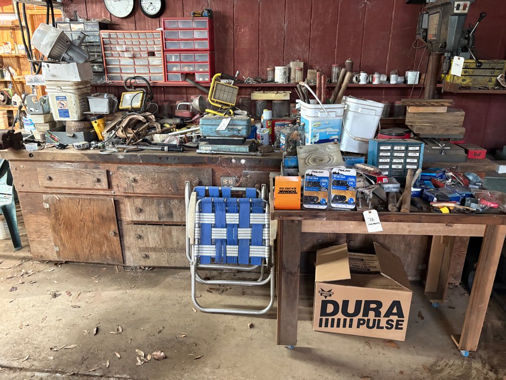 Assorted Tools and Fasteners, Contents of Workbench and Wall, (Drill Press Not Included!)