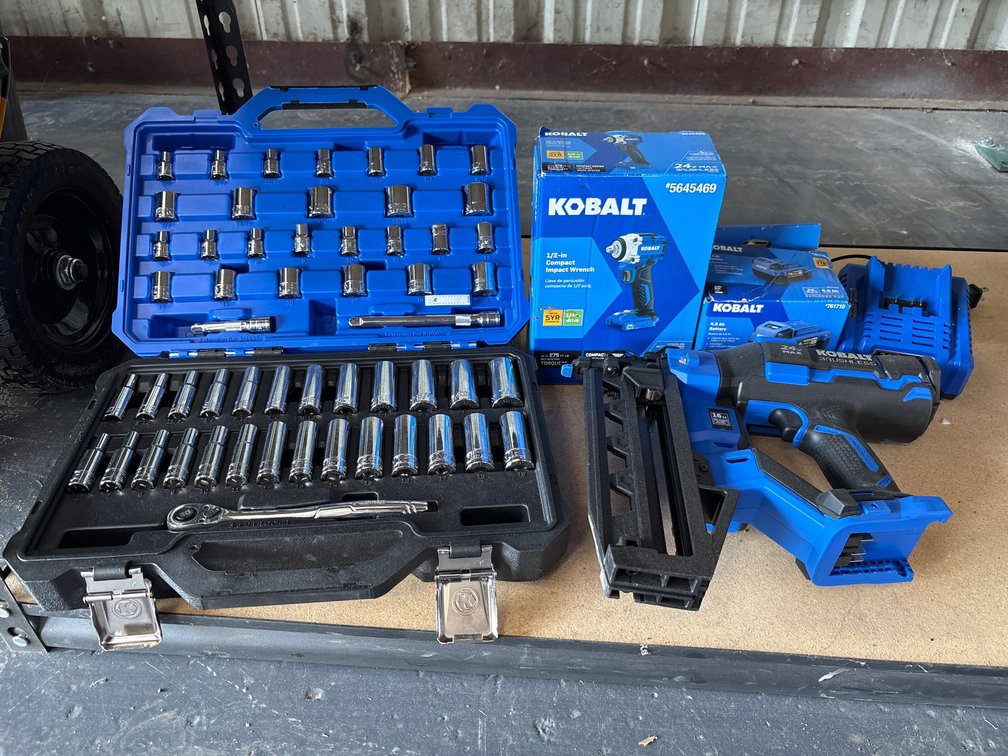 Kobalt 24V 1/2in Impact Wrench, 16ga Straight Nailer and Socket Set, Includes Battery and Charger