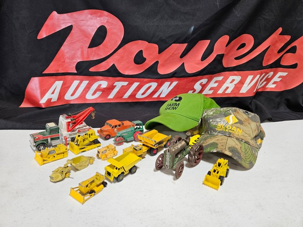 Box Of Small Toys And 2 Farm Hats