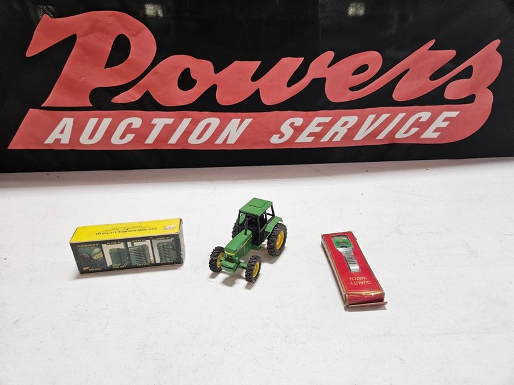 Box Of John Deere Toy Tractors And Watch