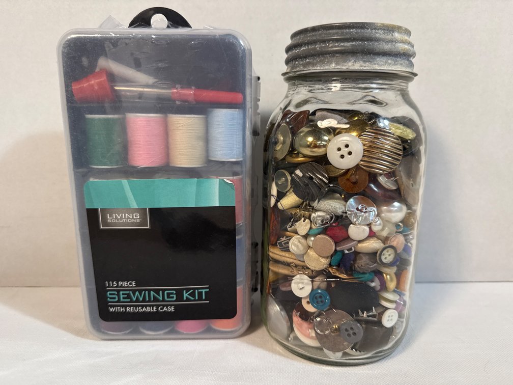 Sewing Kit, (Vintage) Mason Jar & (Vintage) Buttons