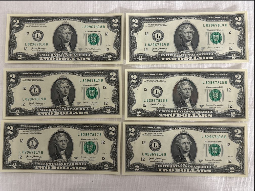 $2.00 Bills (6) Consecutive Serial Numbers