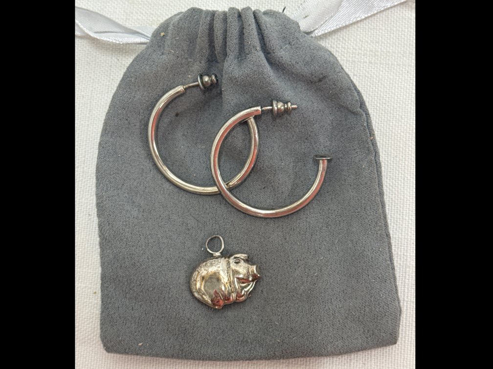 Silver Pig Pendant & Silver Hoop Earrings