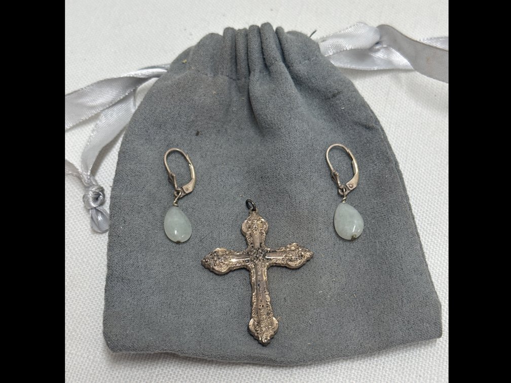Silver Cross Pendant & Teardrop Earrings