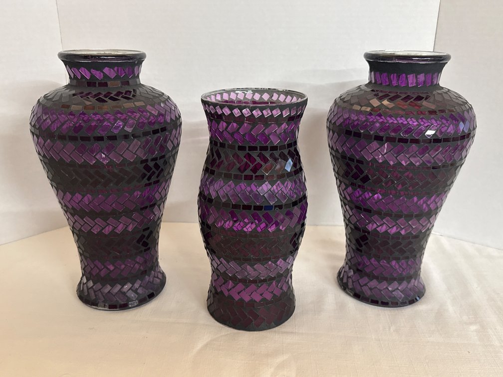 Purple Mosaic Vases & Hurricane Lamp (3)