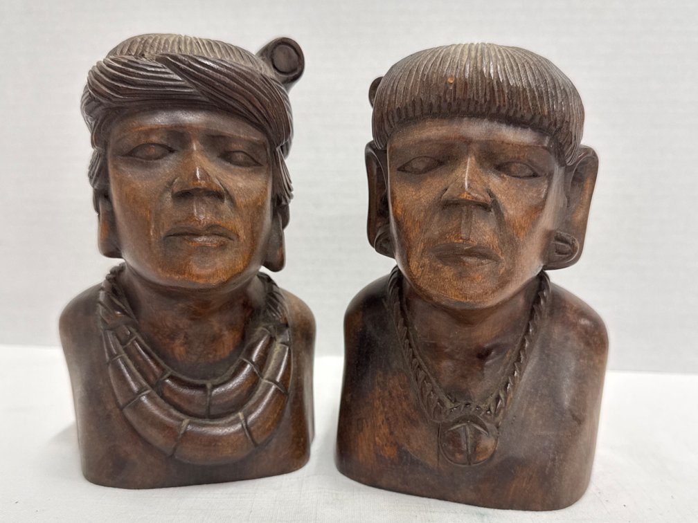 Vintage Hand-Carved "TEAK" Wooden Busts (2)