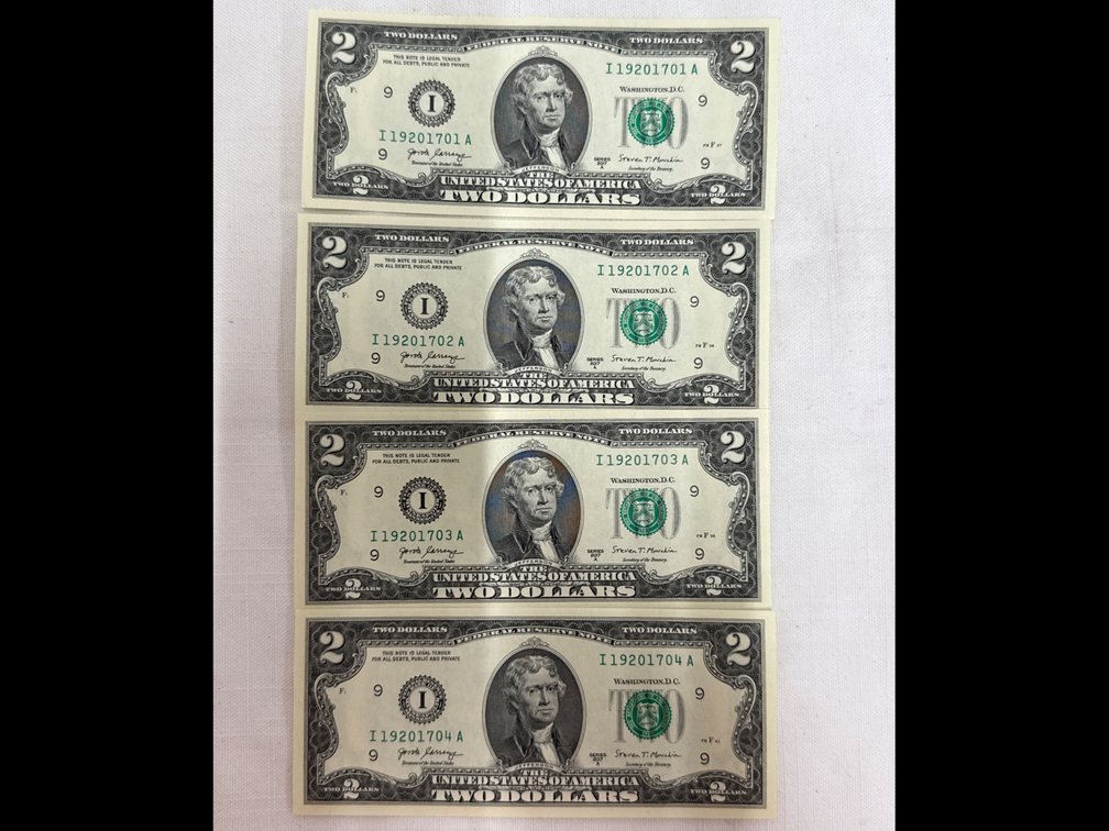 Uncirculated $2 Bills (4) with Consecutive Serial #