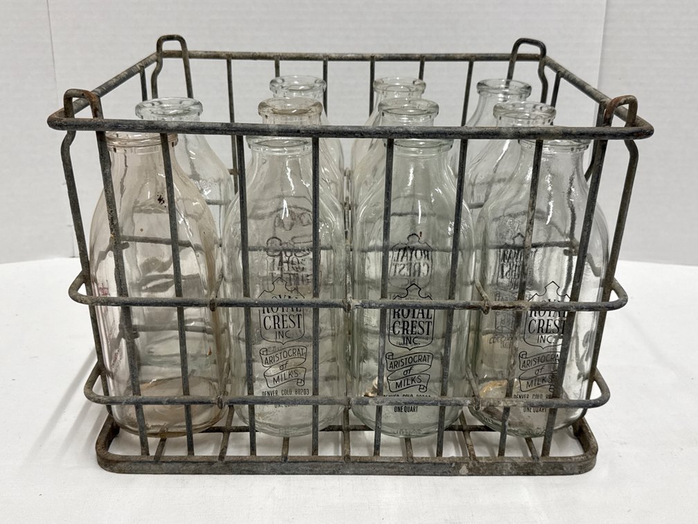 Vintage Metal Milk Crate & Glass Bottles