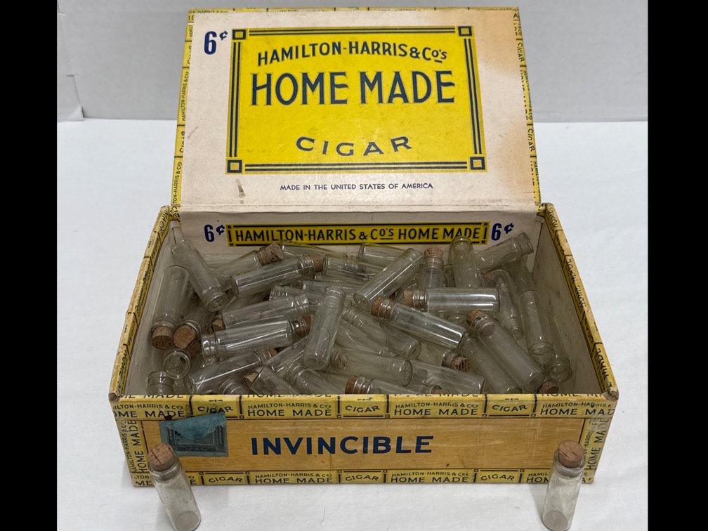 Vintage Cigar Box with Glass Vials