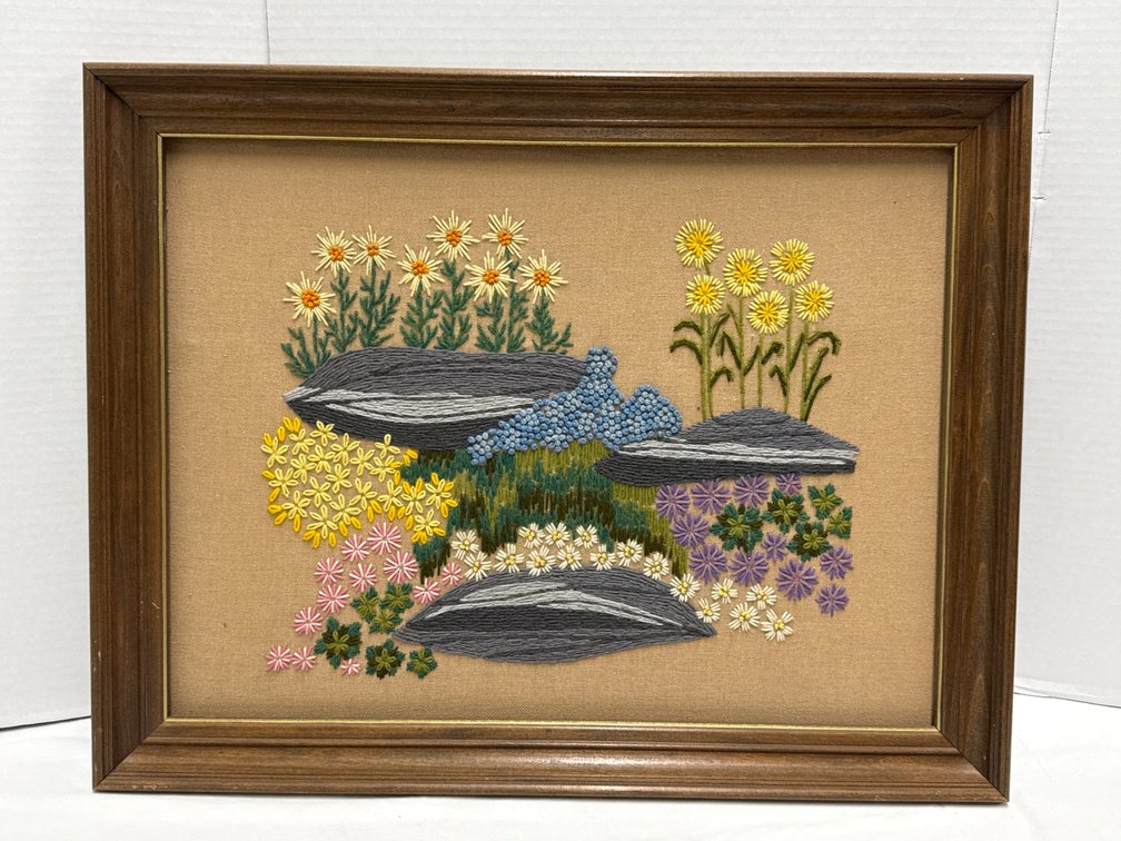Framed Embroidery “Rock Garden” Wall Hanging
