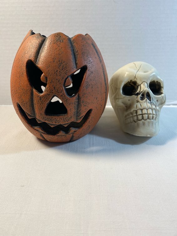 Cast Iron Pumpkin & Plastic Skull Decor