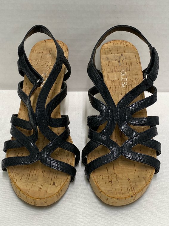 Aerosoles Black Strappy Cork Wedge Shoes (Size 6.5)