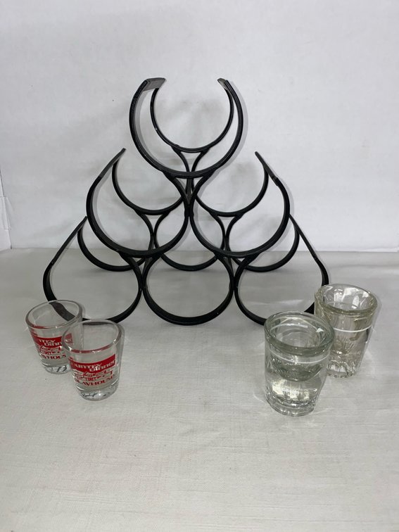 Cast-Iron (Metal) 6-Wine Bottle Rack & 4 Glass Shot Glasses