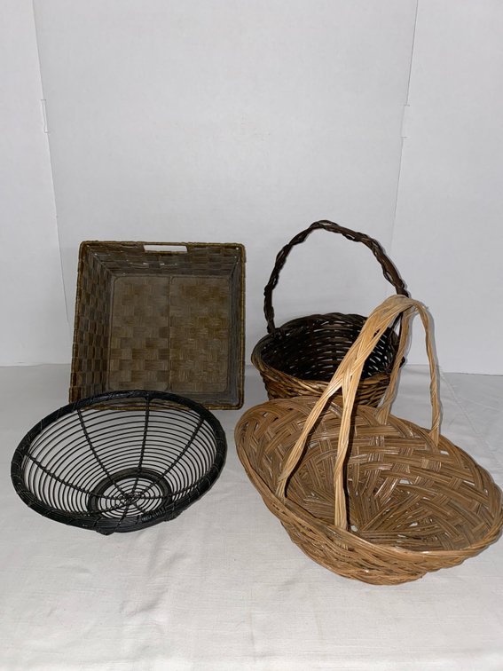 1-(Metal/Wire) Egg/Fruit Basket & 3-(Woven Rattan) Baskets
