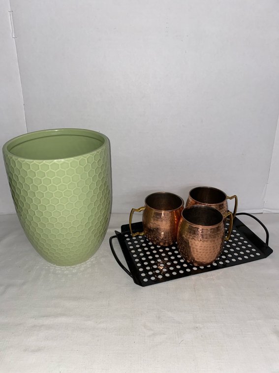 Home Decor. Lot (3) Brass Handle Copper Coated Mugs, (1) Metal Tray & (1) Ceramic Waste/Planter Pot