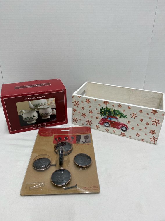 (3) Christmas Decor. (Holly Berry Sugar & Creamer, Wood Decorated Box & Holiday Hooks… NEW)