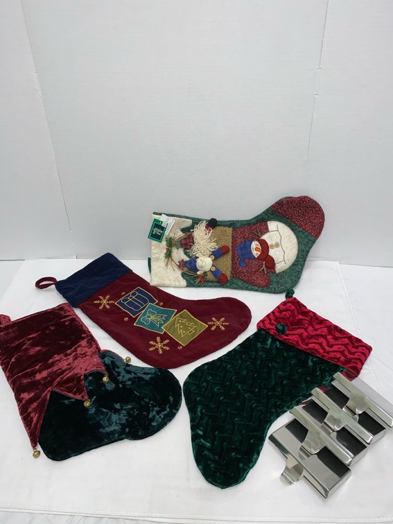 (4) New/Like New Christmas Stockings with (4) Weighted Stocking Hooks