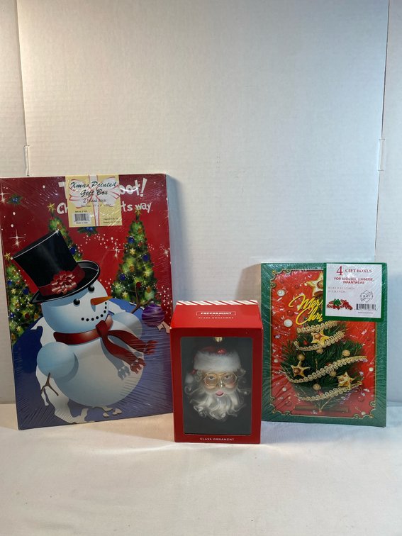 NEW…(2) Packages of Gift Boxes & Peppermint Place “Santa” Glass Ornament