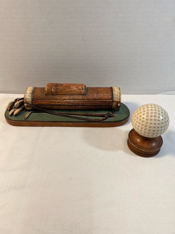 Vintage Enesco Golf Bag Pen/Trinket Box & Golf Ball Paper Weight