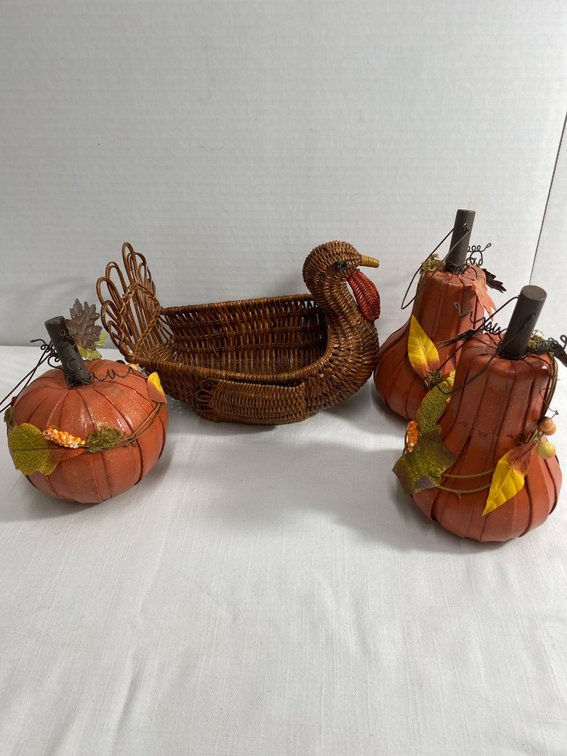 Vintage Woven Wicker Rattan Turkey Basket & Wood/Metal Gourds