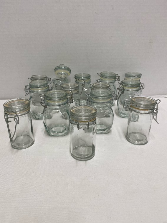 (14) Small Clear Glass Bail-Wire Seal Tight Lid Jars